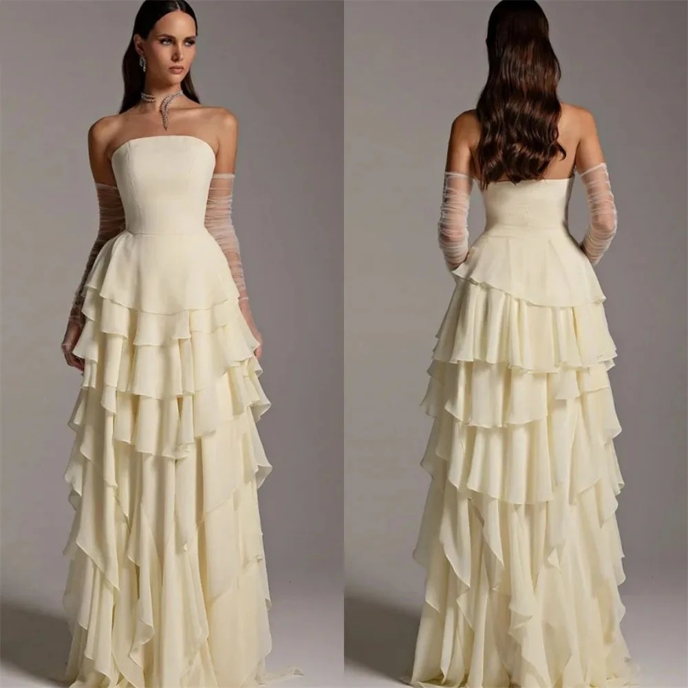  Chinffon Strapless robes de soiree Mulitlayer..